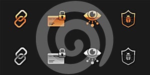Set Chain link, Credit card with lock, Eye scan and System bug icon. Vector