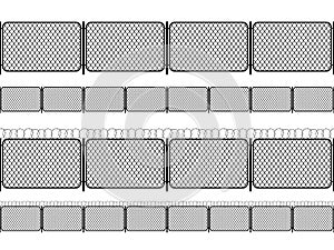 Set of chain link fence with barbed wire, black seamless silhouettes isolated on white