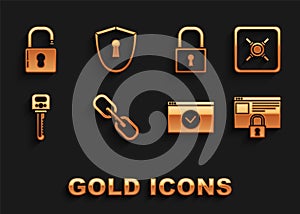 Set Chain link, Safe, Secure your site with HTTPS, SSL, Key, Lock, Open padlock and Shield keyhole icon. Vector