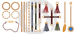 Set of chains, straps and belts, braid and pendant. Fashion jewelry elements print for fabric design. Vector.