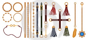 Set of chains, straps and belts, braid and pendant. Fashion jewelry elements print for fabric design. Vector. photo