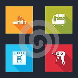 Set Chainsaw, Air compressor, Coffee machine and cup and Electric hot glue gun icon. Vector