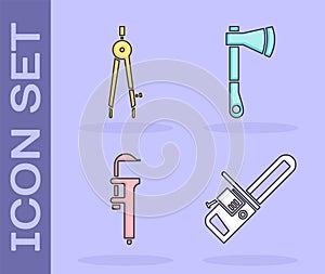Set Chainsaw, Drawing compass, Calliper or caliper and scale and Wooden axe icon. Vector