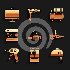 Set Chainsaw, Refrigerator, Electric mixer, Angle grinder, hot glue gun and Sewing machine icon. Vector