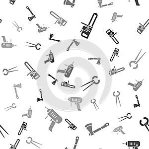 Set Chainsaw, Wooden axe, Pincers and pliers and Electric drill machine on seamless pattern. Vector