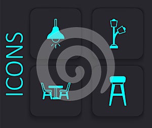 Set Chair, Lamp hanging, Floor lamp and Table with chair icon. Black square button. Vector