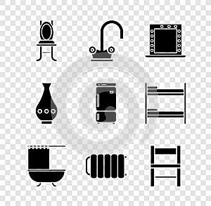 Set Chair, Water tap, Makeup mirror with lights, Bathtub shower curtain, Heating radiator, Vase and Refrigerator icon