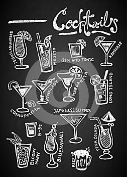 Set of chalk Cocktails on blackboard