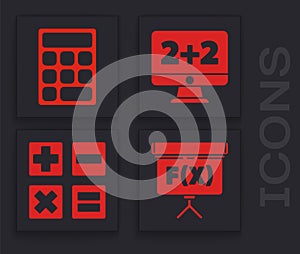 Set Chalkboard, Calculator, Equation solution and Calculator icon. Vector
