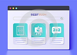 Set Chalkboard with diagram, Tablet with calculator and Equation solution icon. Vector