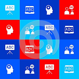 Set Chalkboard, Foreign language online study, Head with gear inside and Two sitting men talking icon. Vector