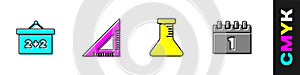 Set Chalkboard, Triangular ruler, Test tube and flask and Calendar first september date icon. Vector