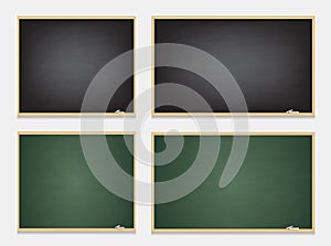 Set of chalkboards green and black. Realistic black and green blackboard in wooden frame.