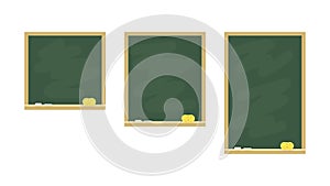 Set of chalkboards in wooden frames. School boards with chalk and sponge isolated on white background. Vector illustration
