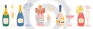 Set of Champagne Bottles, Sparkling Wine, Effervesces With Celebration. It Fills A Wineglass, Vector Illustration