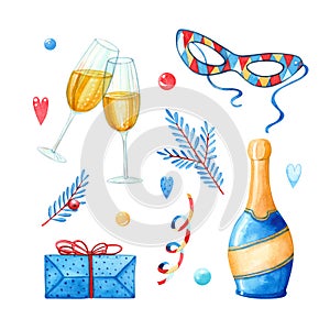 Set of champagne glasses, bottle, carnival mask and gift box with decorations