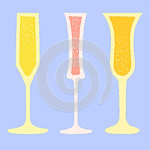 Set of champagne glasses. Vector illustration with texture. Bubbly wine