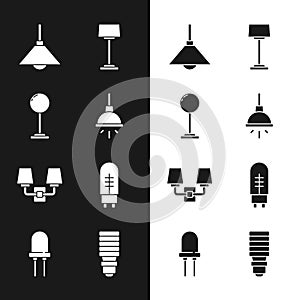 Set Chandelier, Floor lamp, Lamp hanging, Wall sconce, Light emitting diode, LED light bulb and icon. Vector