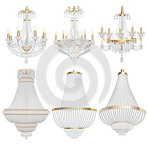 set of chandelier lamps fixtures with crystal pendants on a white background