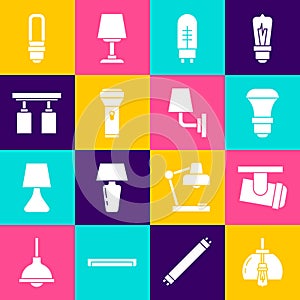 Set Chandelier, Led track lights lamps, LED bulb, Light emitting diode, Flashlight, and Wall or sconce icon. Vector