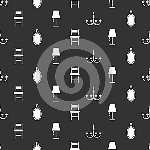 Set Chandelier, Mirror, Chair and Table lamp on seamless pattern. Vector