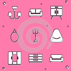 Set Chandelier, Sofa, Chest drawers, Mirror, Coat stand, Pouf, Wardrobe and icon. Vector