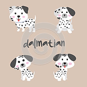 Set Character Animal In Various Poses Of Cute Dalmatian Dog Is Sitting, Sleep, and Jumping.Illustration