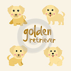 Set Character Animal In Various Poses Of Cute Golden Retriever Dog Is Sitting, Sleep, and Jumping. Illustration