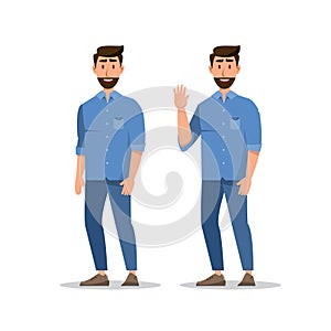 Set of character bearded man, funny guy in casual clothes, gesturing