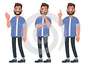 Set of character bearded man greets , thinks and finds a solution. Vector illustration in cartoon style photo