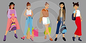 Set of character fashion style young girls, women different clothes, lifestyle, with bag, shoping package, backpack. Students girl