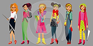 Set of character fashion style young girls, women different profession, clothes, lifestyle, with bag, umbrella, hairstyle, pointer