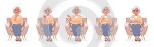 Set of character of a mature woman sitting in a chair. An elderly woman uses gadgets, a smartphone and a tablet, thinks and talks