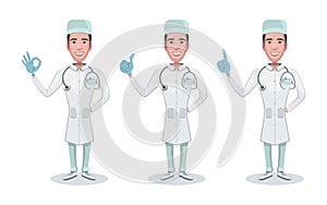 Set of character medical doctor. Doc holds syringe. Healthcare and medical help. Doctor, consulting, shows gestures of a positive