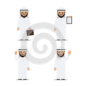 Set characters arab man in various poses. Arab businessman. Vector illustration in flat style