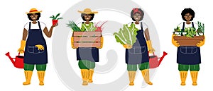 A set of characters as darkskin cute gardener. Smiling young woman carrying a box of vegetables. African girl in a hat
