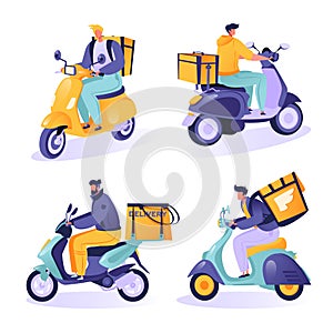 Set of characters couriers riding scooters. Fast delivery service concept.