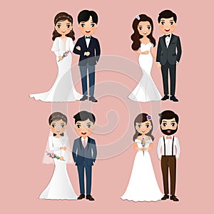 Set of characters cute bride and groom.Wedding invitations card.Vector illustration in couple cartoon in love