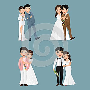 Set of characters cute bride and groom.Wedding invitations card.Vector illustration in couple cartoon in love