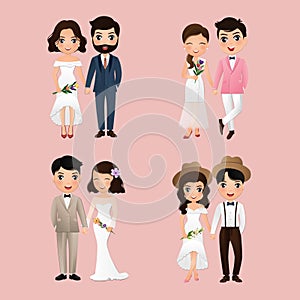 Set of characters cute bride and groom.Wedding invitations card.Vector illustration in couple cartoon in love