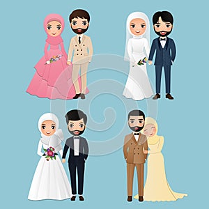 Set of characters cute muslim bride and groom.Wedding invitations card.Vector illustration in couple cartoon in love