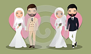Set of characters cute muslim bride and groom.Wedding invitations card.Vector illustration in couple cartoon in love