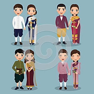 Set of characters cute Thai bride and groom.Wedding invitations card.Vector illustration in couple cartoon in love