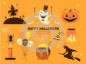 Set of characters for Halloween in cartoon style,elements,cute,ghost,pumpkin,witch, Vector illustration.