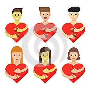 Set of characters hugging heart. Cartoon people hold red love symbols isolated. Creative flat logos collection