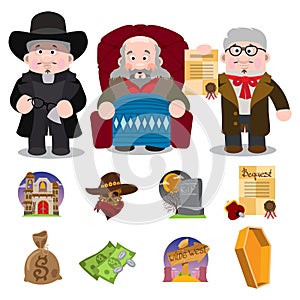 Set of characters and icons of religious subjects. Lawyer, a family doctor, an elderly man, a priest. Cartoon characters