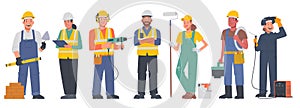 Set of characters of men and women working professions. Builders in uniform and protective vest and helmet
