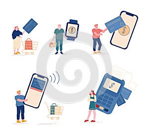 Set of Characters Online Noncontact Payment. Buyers Hold Credit Cards and Gadgets. People with Purchases at Cashier photo