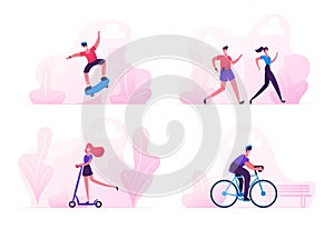 Set Characters Sports Activity during Covid 19 Quarantine. Teenager Making Tricks on Skateboard, People Jogging in Park