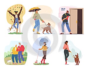 Set of Characters Stroll with Their Dogs, Enjoying Outdoor Exercise And Bonding Time While Exploring The Surroundings